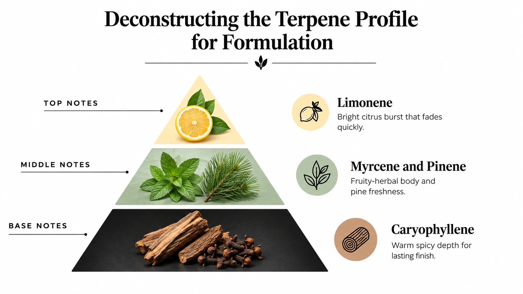 An infographic titled Deconstructing the Terpene Profile for Formulation showing the pyramid structure of top, middle, and base notes.