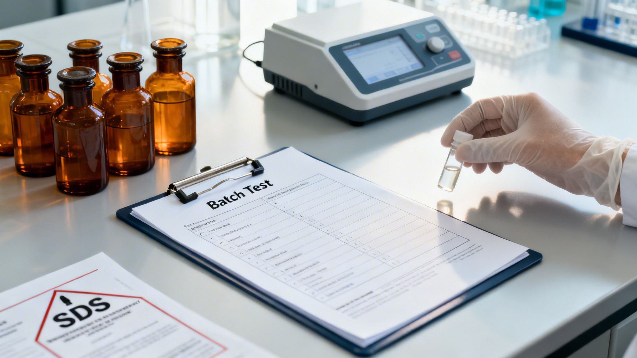 Scientist in gloves holding a liquid sample vial, conducting a batch test in a laboratory.