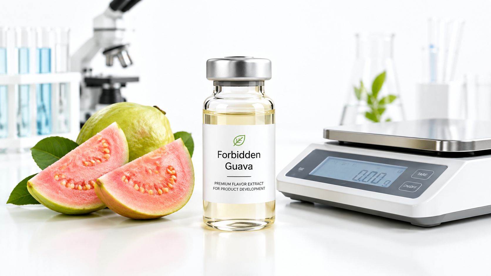 A glass vial of Forbidden Guava flavor extract placed next to sliced guavas and laboratory weighing scale.