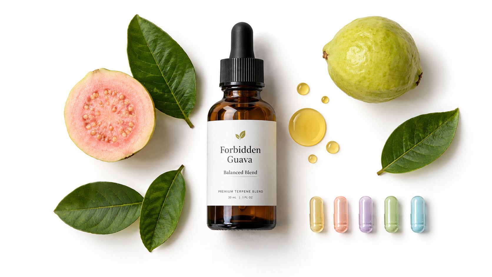 An amber glass dropper bottle of Forbidden Guava terpene blend surrounded by fresh guava fruit and capsules.