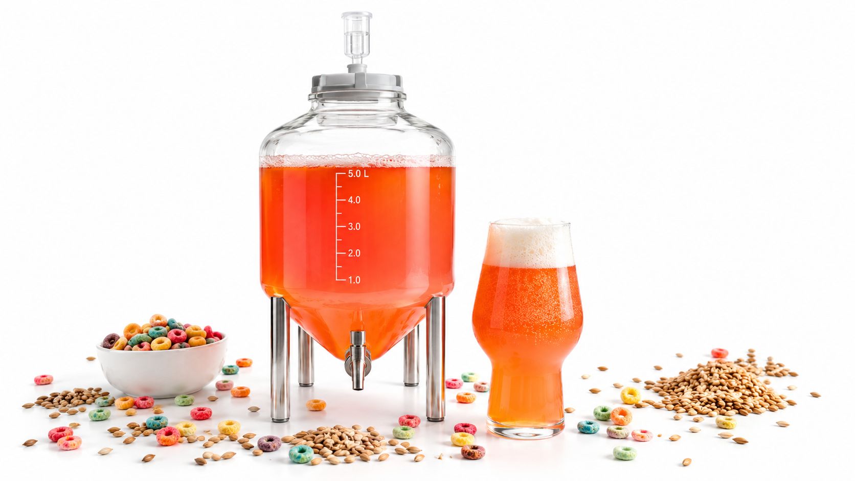 A glass fermenter filled with fruity cereal beer next to a glass of beer and scattered ingredients.