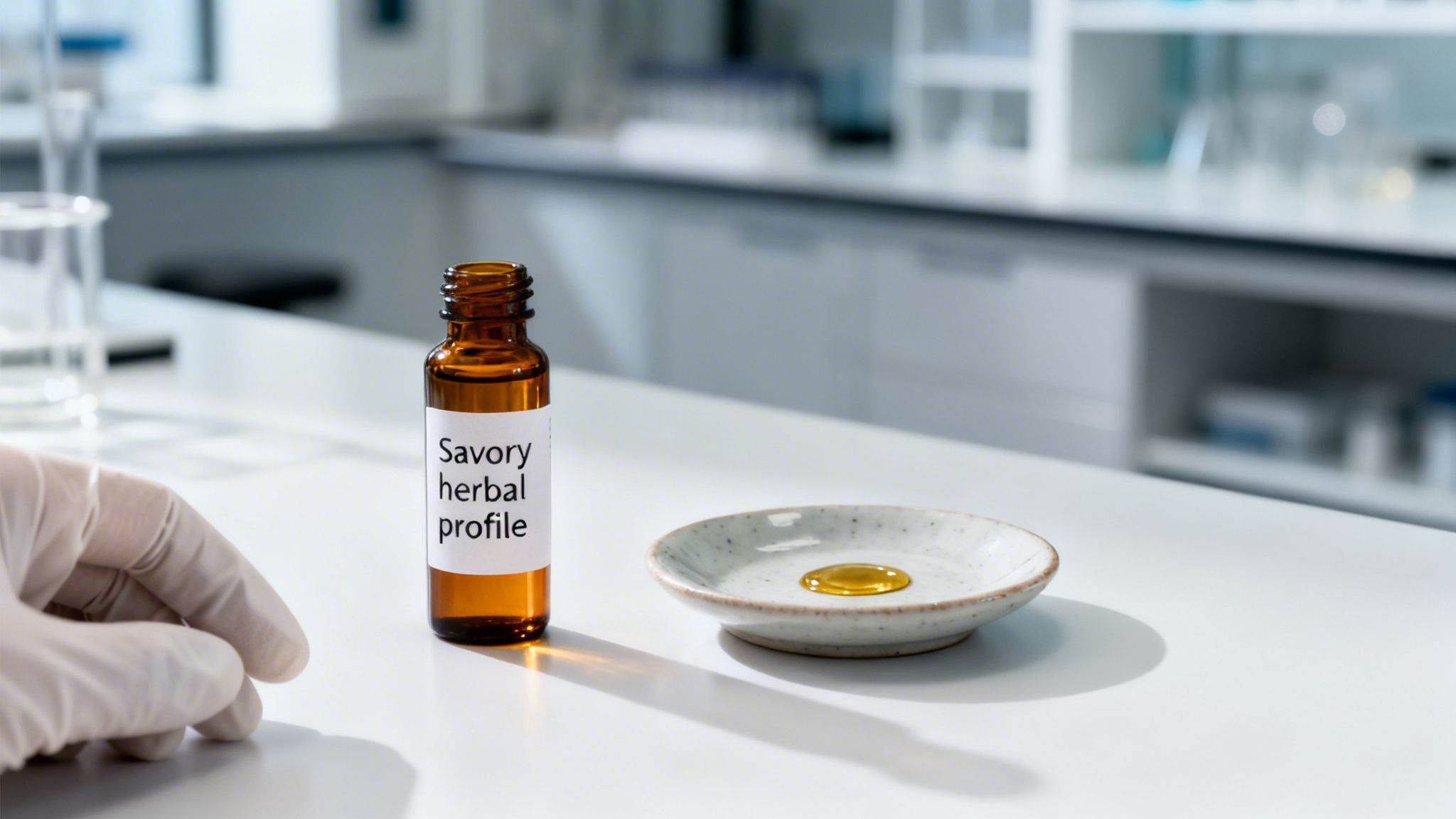 Close-up of an amber bottle labeled 'Savory herbal profile' and a liquid sample in a dish on a lab counter.
