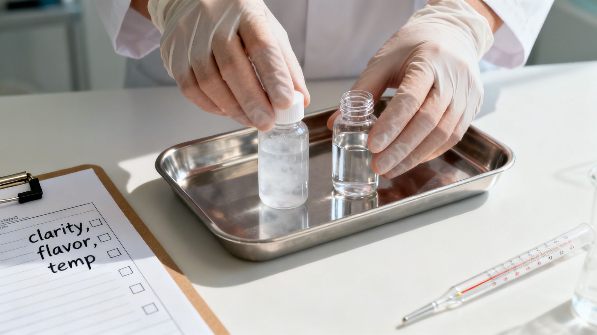 A scientist in gloves examines two liquid samples in vials on a tray, near a checklist and thermometer.