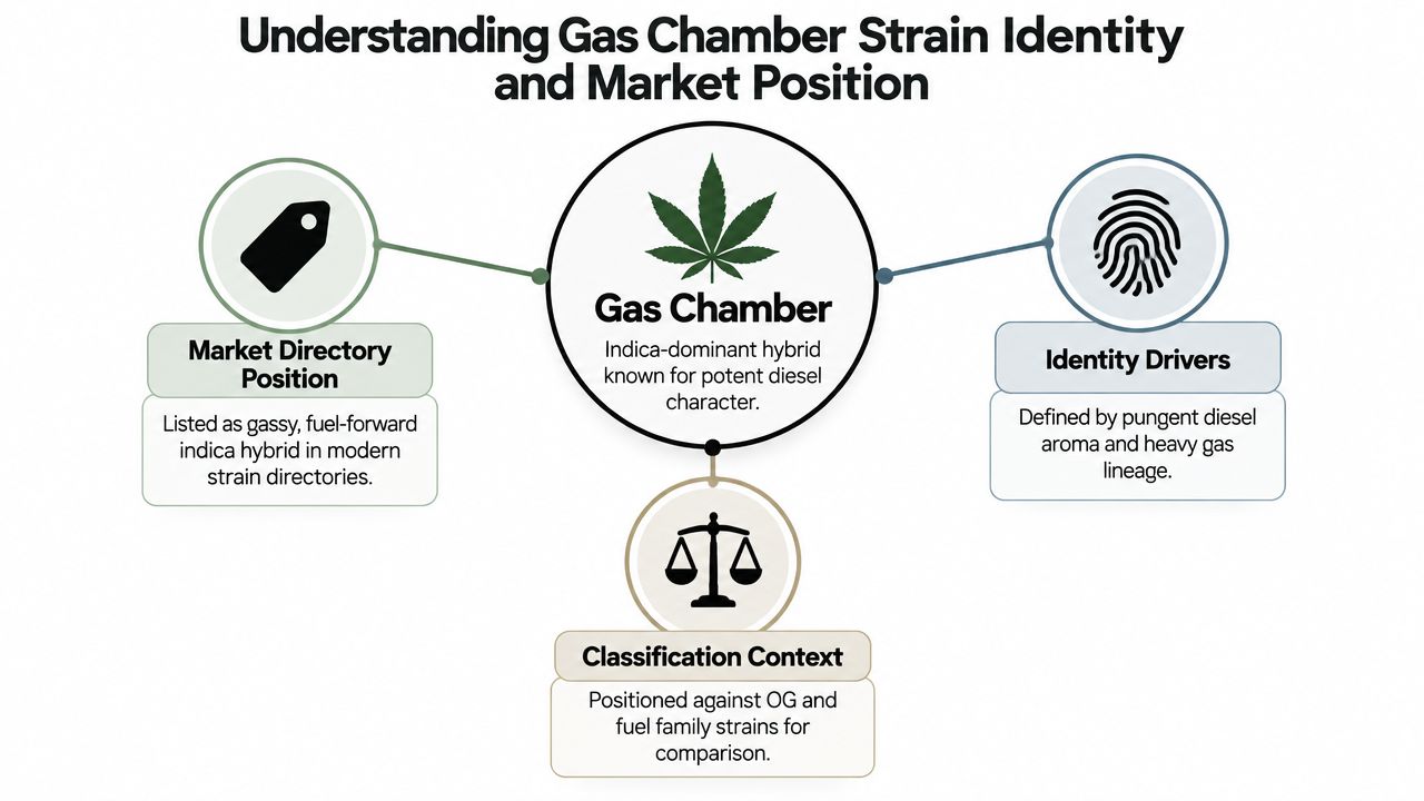 A diagram explaining the Gas Chamber cannabis strain identity, market position, and classification within modern strain directories.