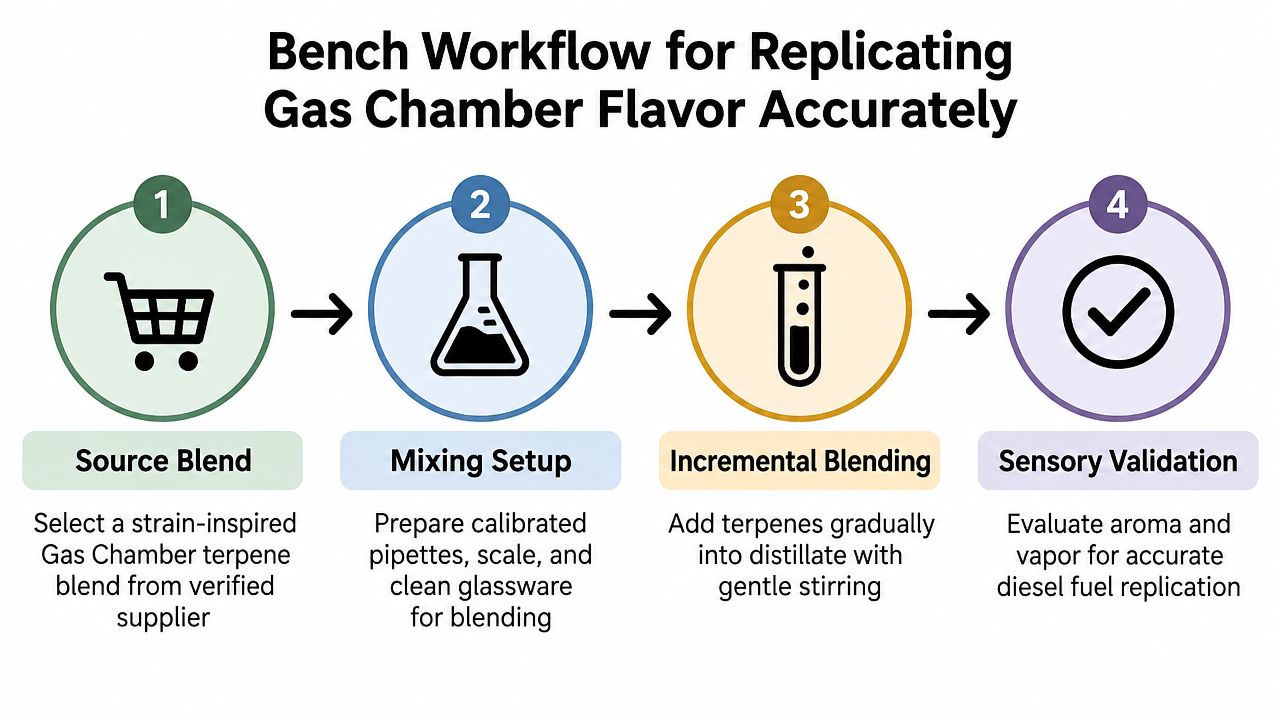 A four-step infographic illustrating the professional bench workflow for replicating the Gas Chamber strain terpene flavor profile.