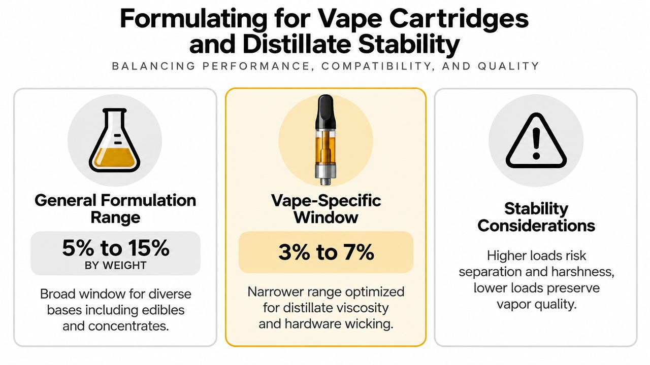 An infographic detailing optimal concentration ranges for vape cartridge formulations and distillate stability considerations for product quality.