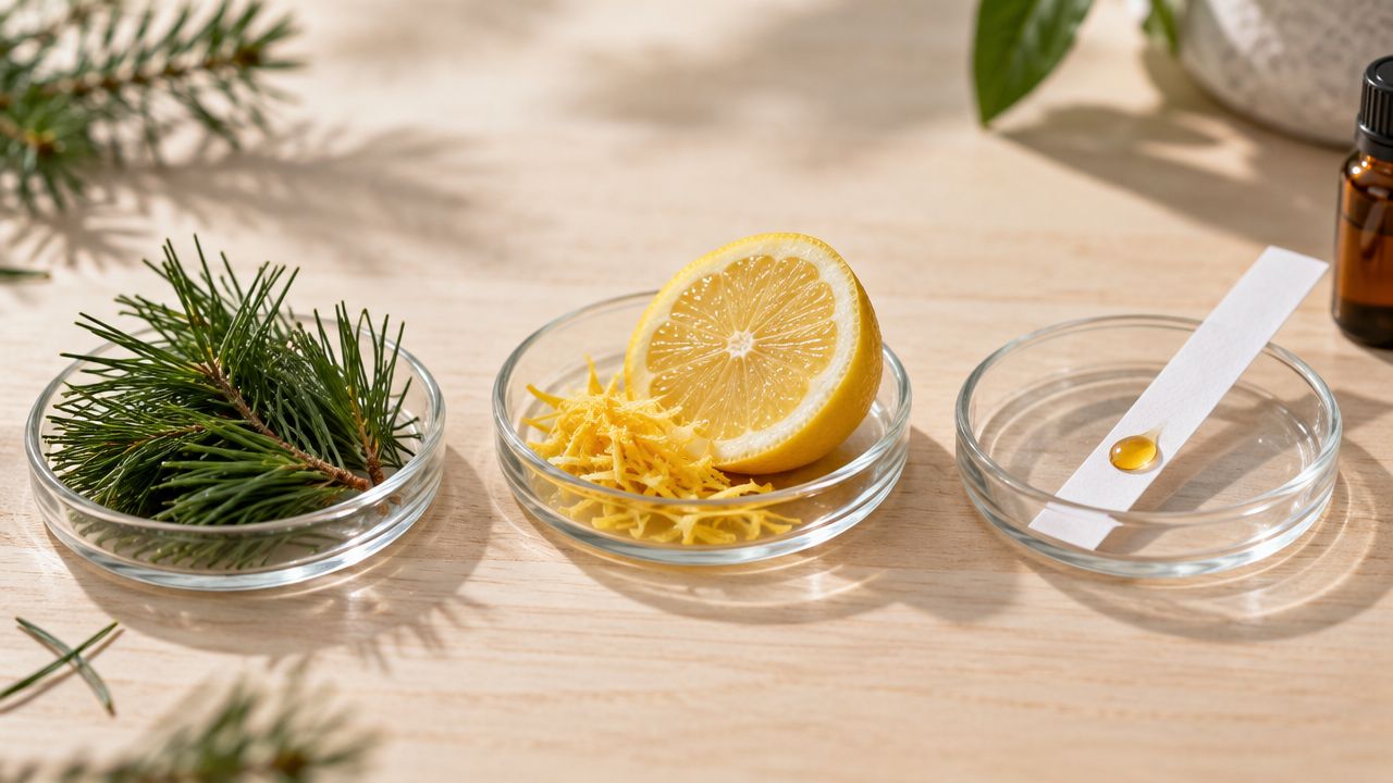 Three glass dishes on a wooden table containing pine needles, lemon zest with lemon, and essential oil.