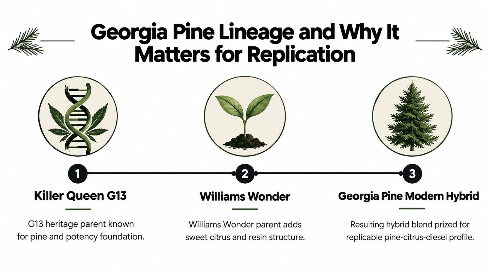 A diagram illustrating the genetic lineage of the Georgia Pine cannabis strain through three developmental stages.