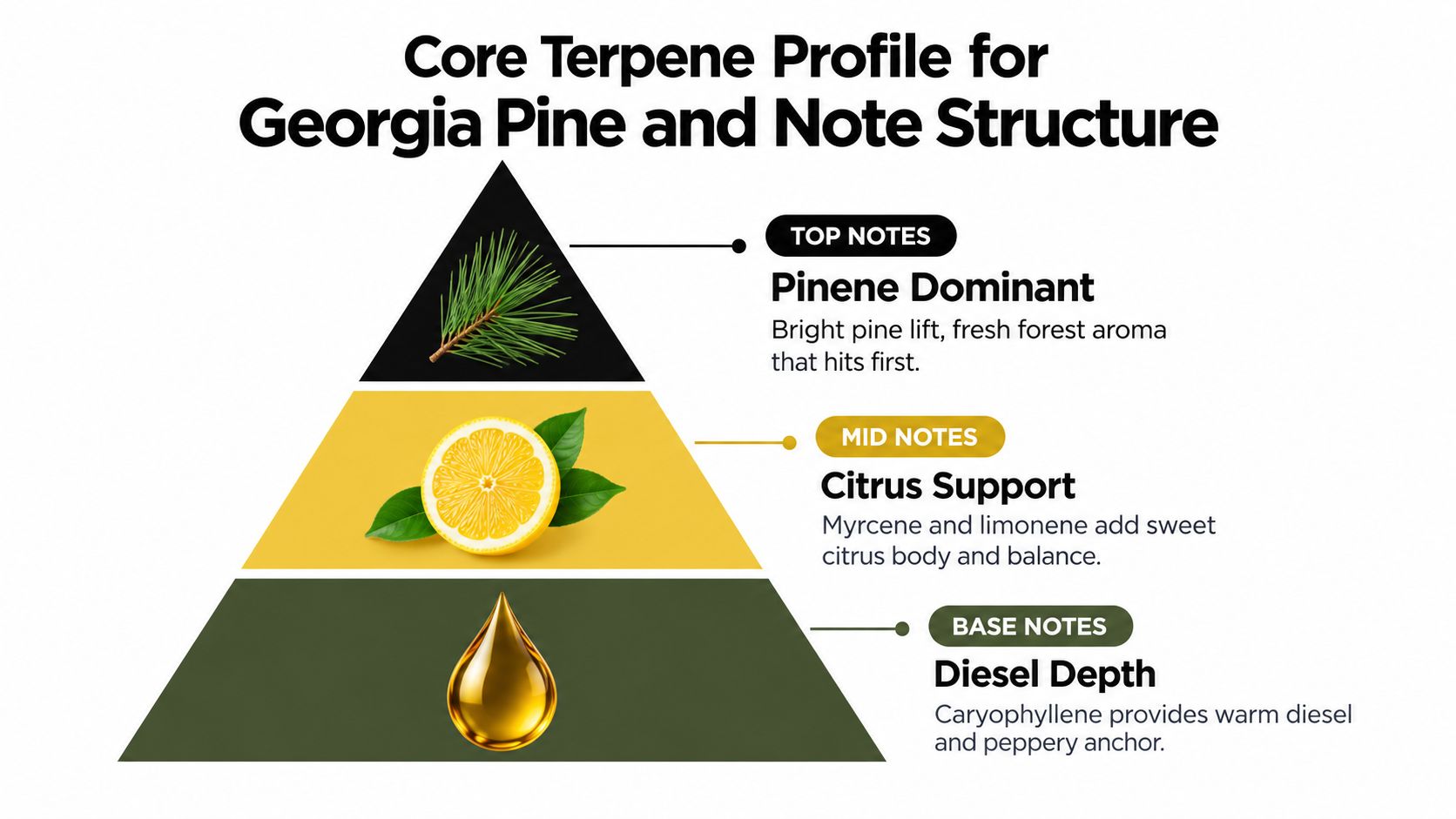 A pyramid diagram illustrating the terpene profile of the Georgia Pine strain, showing top, mid, and base notes.