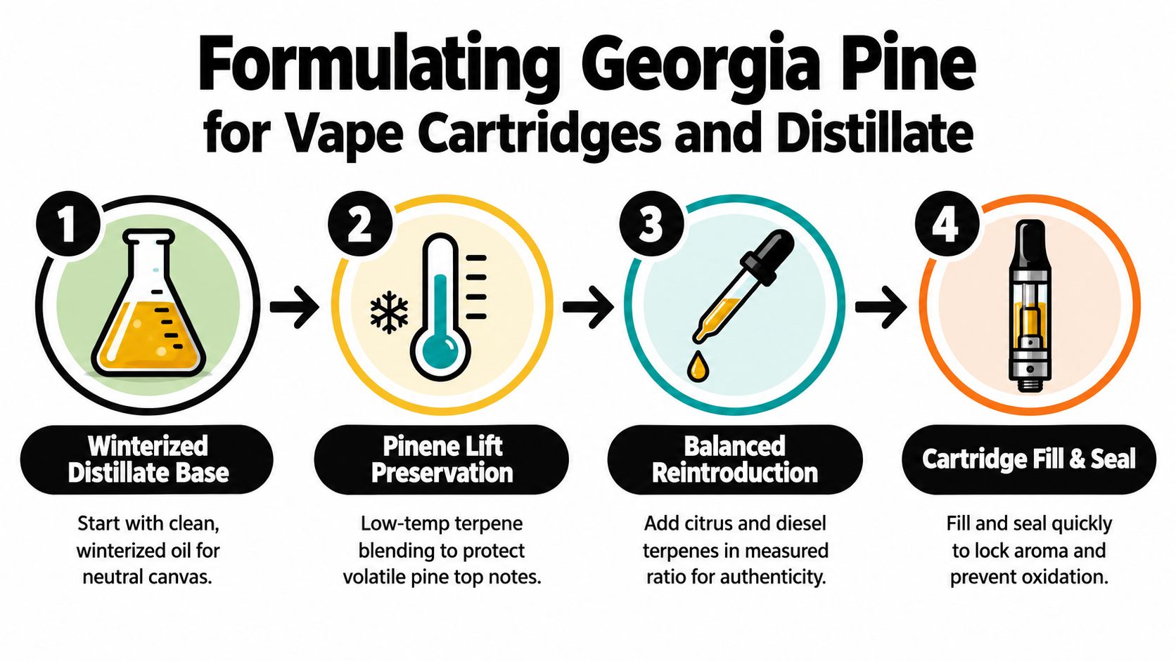 A four-step infographic illustrating the process of formulating Georgia Pine for vape cartridges and cannabis distillate oil.