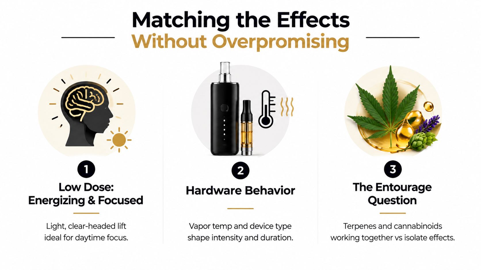A visual guide explaining how cannabis effects are influenced by low dosage, hardware settings, and terpene profiles.