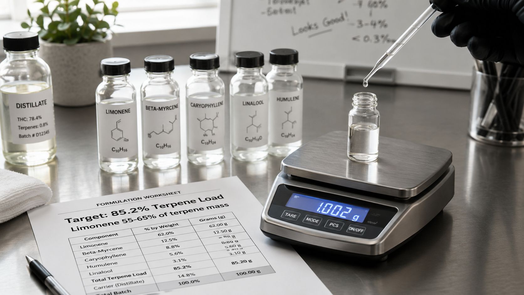 A scientist uses a pipette to add terpenes to a small bottle on a digital scale.