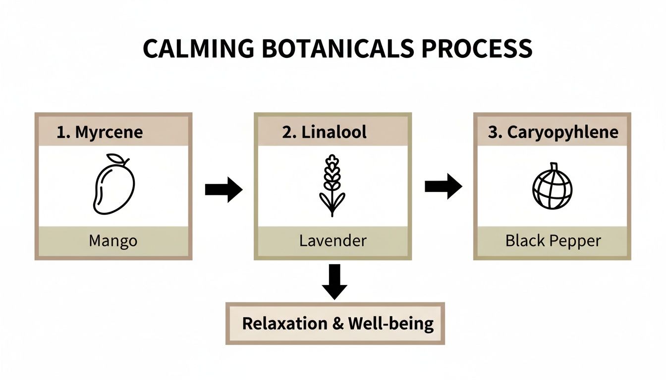 Flowchart showing calming botanicals: Myrcene (mango), Linalool (lavender), and Caryophyllene (black pepper) leading to relaxation and well-being.