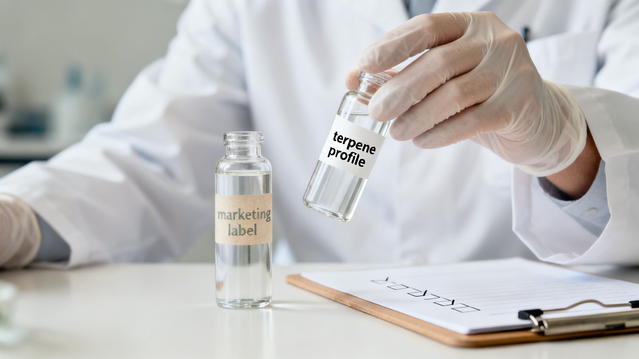 A scientist in a lab coat and gloves holds a vial labeled "terpene profile," with another "marketing label" vial on the desk.