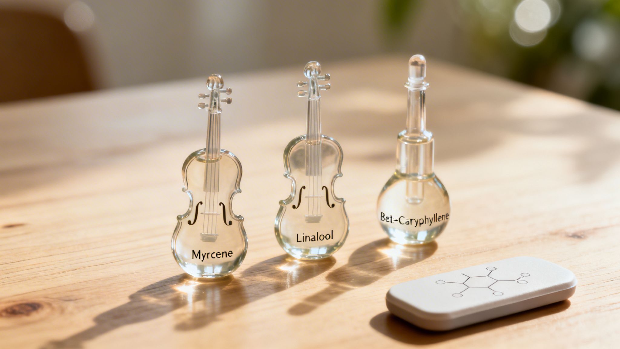 Three small glass bottles of terpenes (Myrcene, Linalool, Beta-Caryophyllene) and a chemical structure on a wooden table.
