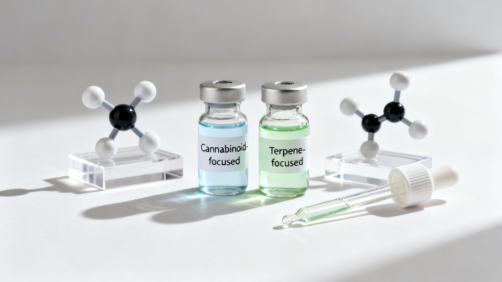 Two vials labeled 'Cannabinoid-focused' and 'Terpene-focused' with molecular models and a dropper.