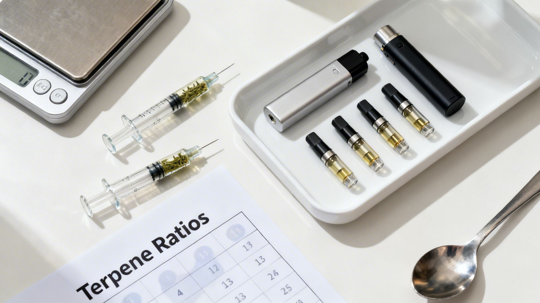 Various cannabis products and lab equipment on a white table, including vape pens, syringes, and a terpene ratio chart.
