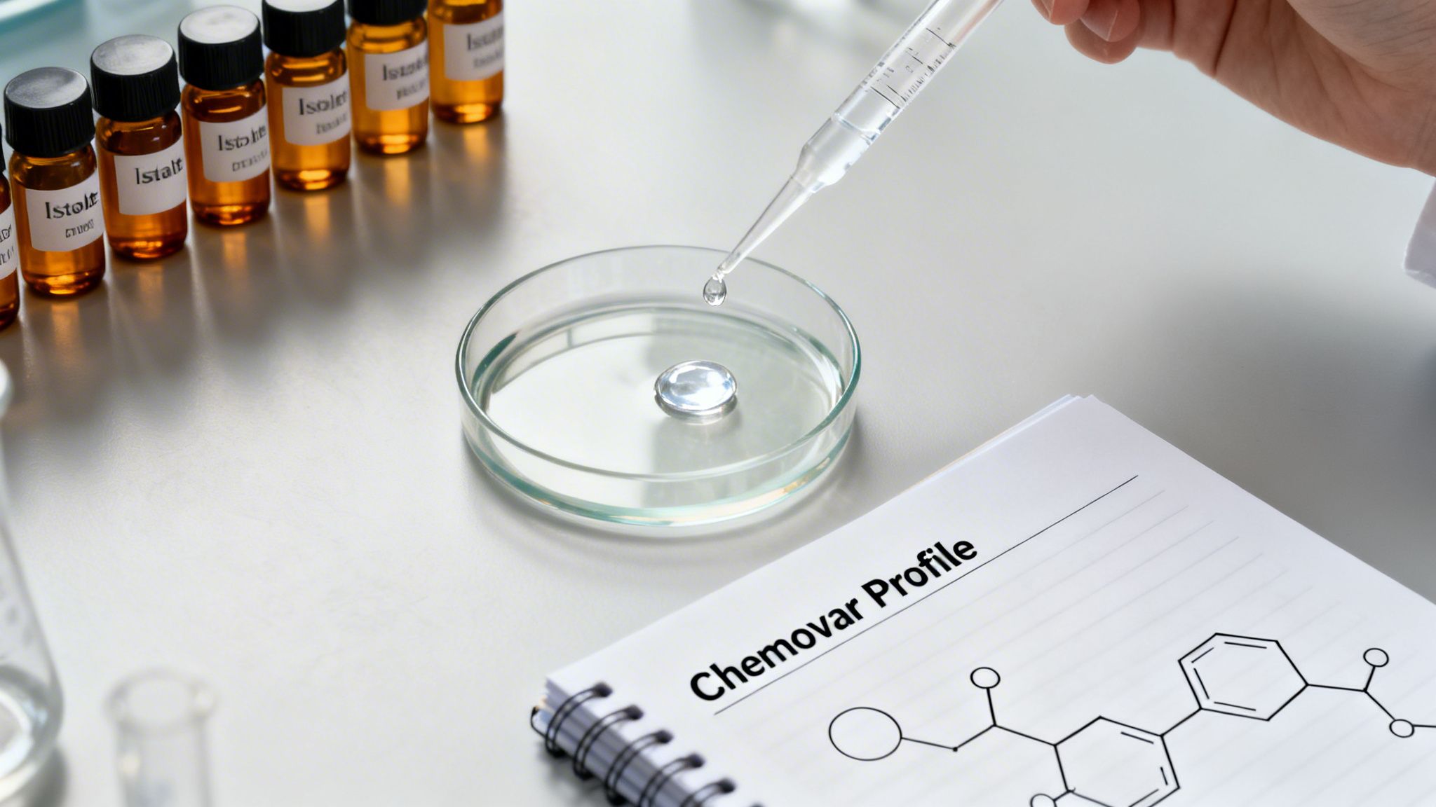 A hand pipetting liquid into a petri dish on a lab bench with amber vials and a 'Chemvar Profile' notebook.