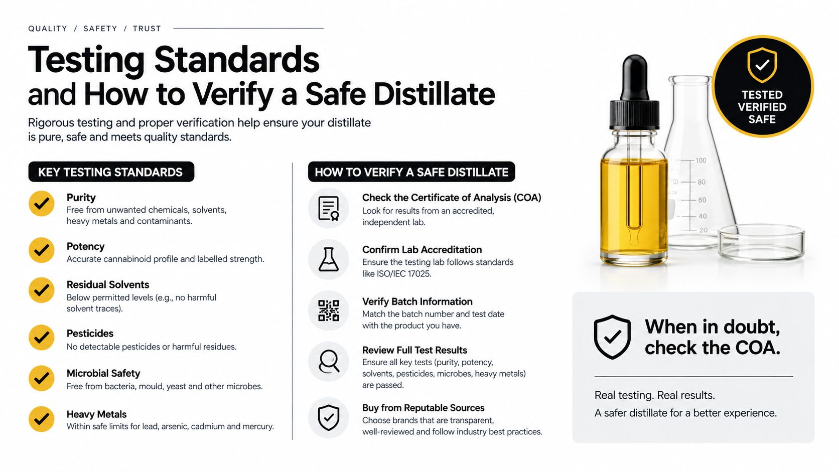 An infographic detailing the standards and verification steps to ensure distillate products are pure, safe, and quality tested.