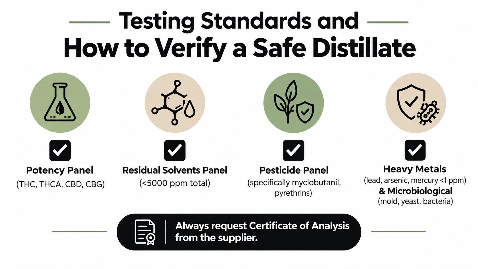 An infographic detailing essential testing standards to verify the safety and quality of cannabis distillates.