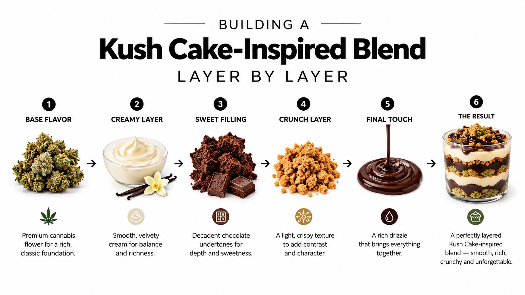A step-by-step infographic showing how to build a layered Kush Cake-inspired cannabis dessert blend.