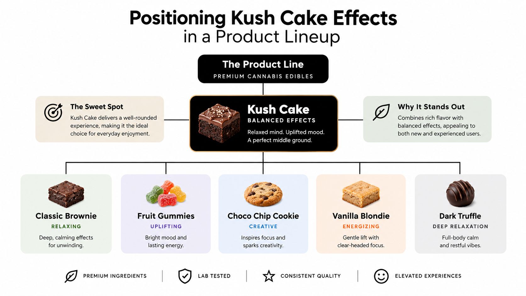 An infographic showing Kush Cake as a balanced premium cannabis edible alongside other specific product types.