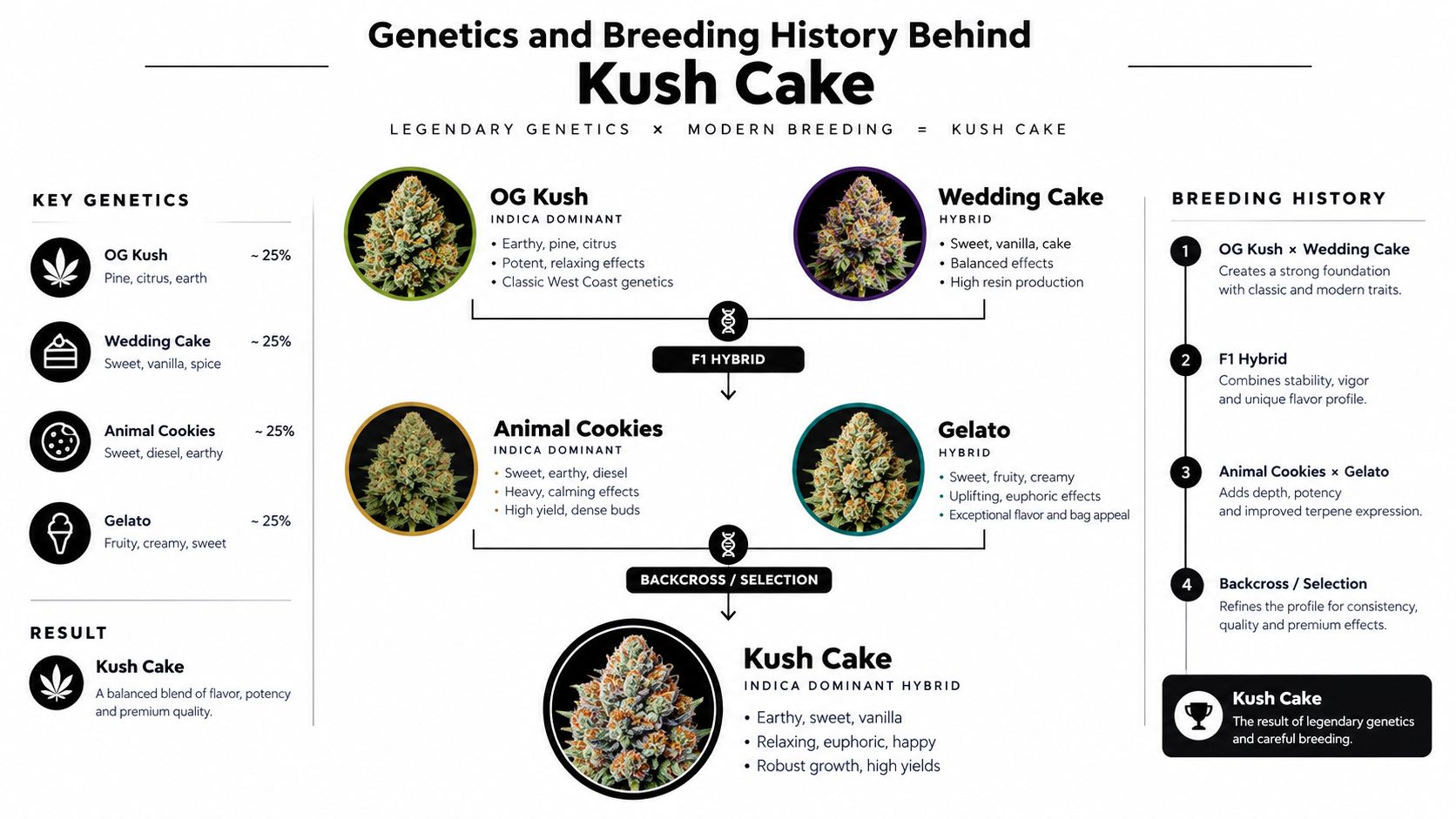 An infographic detailing the genetics, breeding history, and flavor profile of the Kush Cake cannabis strain.