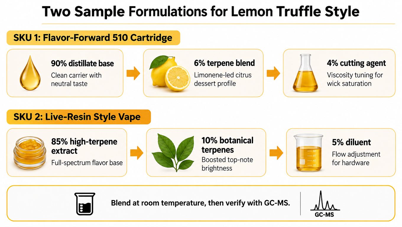 A diagram comparing two sample formulation strategies for creating Lemon Truffle style vape cartridges and products.