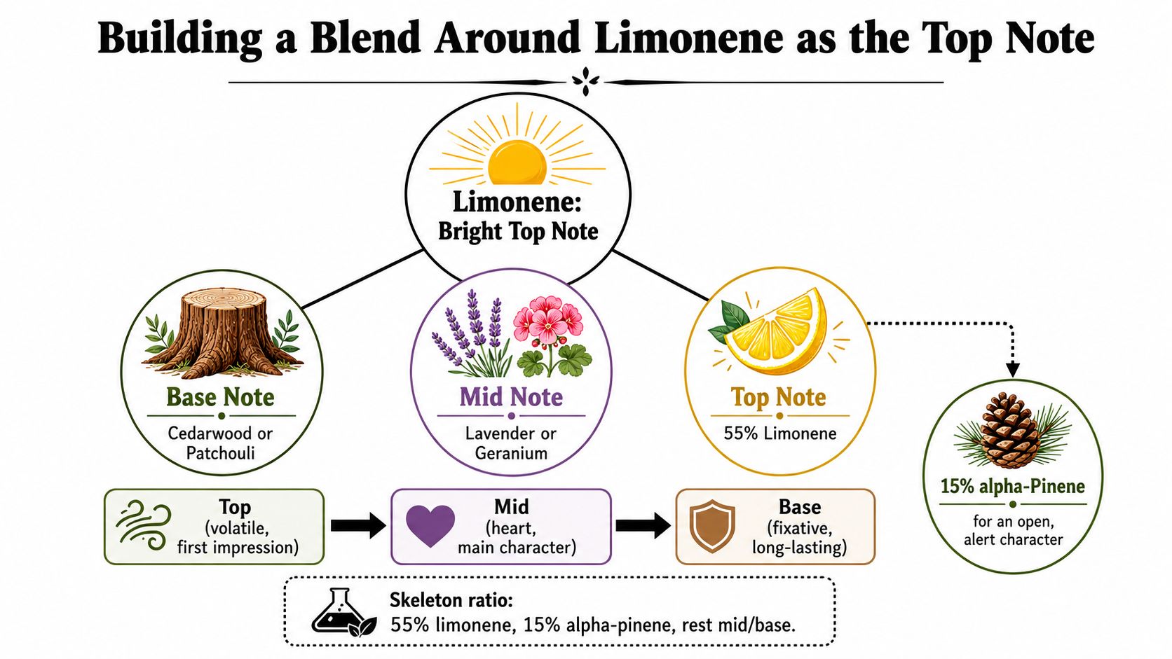 A diagram explaining how to create a scent blend featuring limonene as the bright top note.