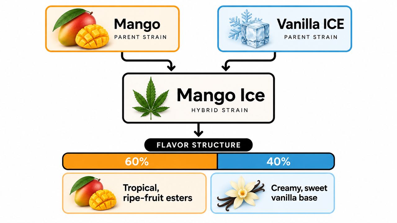 An infographic showing the Mango Ice hybrid cannabis strain, its parent strains, and flavor profile breakdown.