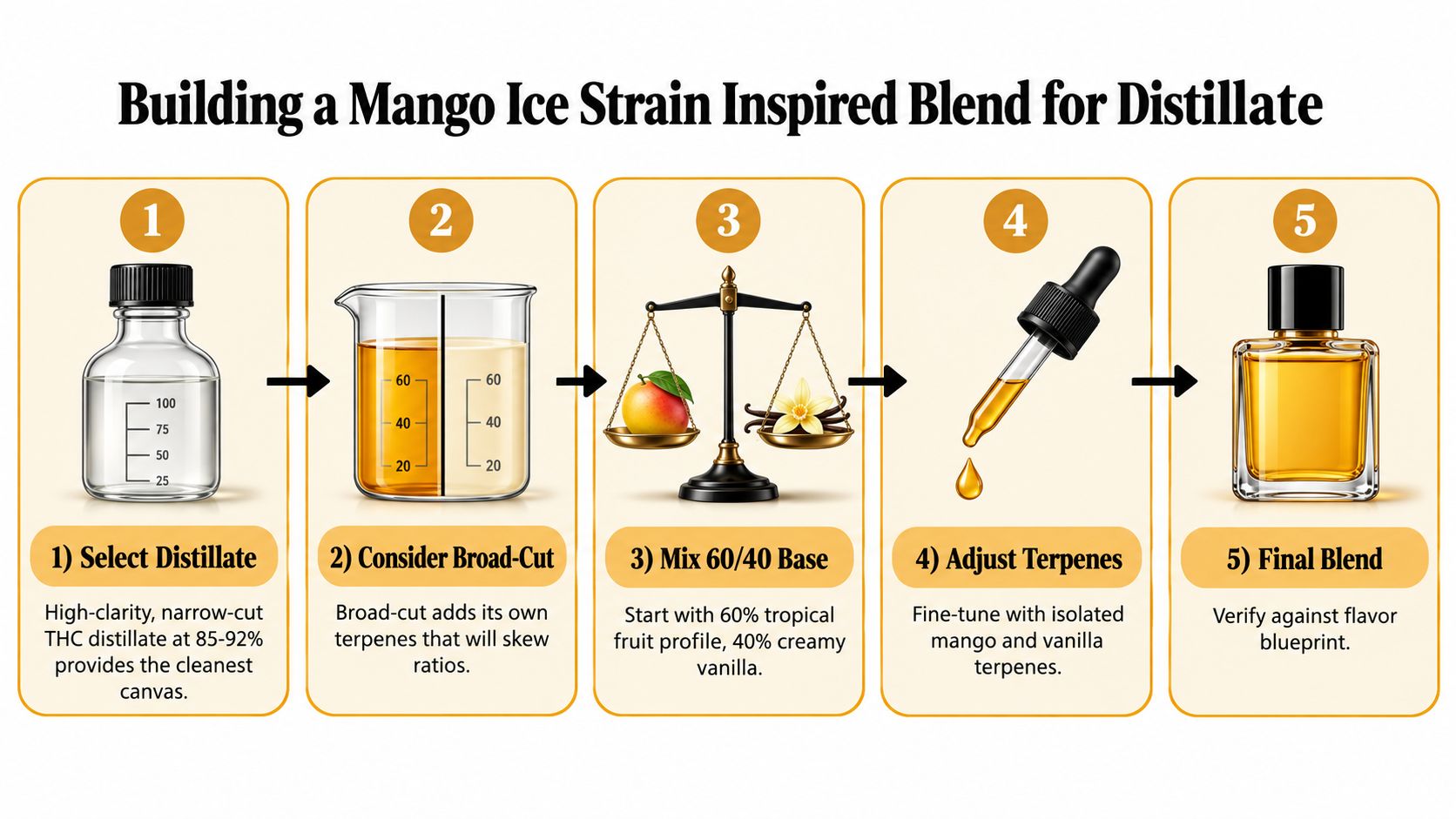 A five-step infographic showing the process for creating a mango ice strain inspired distillate blend.