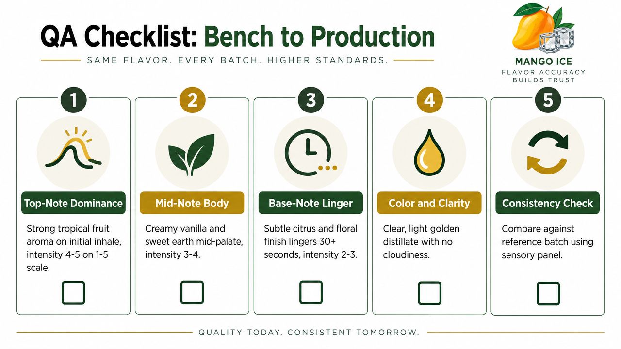 A QA checklist graphic for Mango Ice flavor showing five steps from bench to production testing.