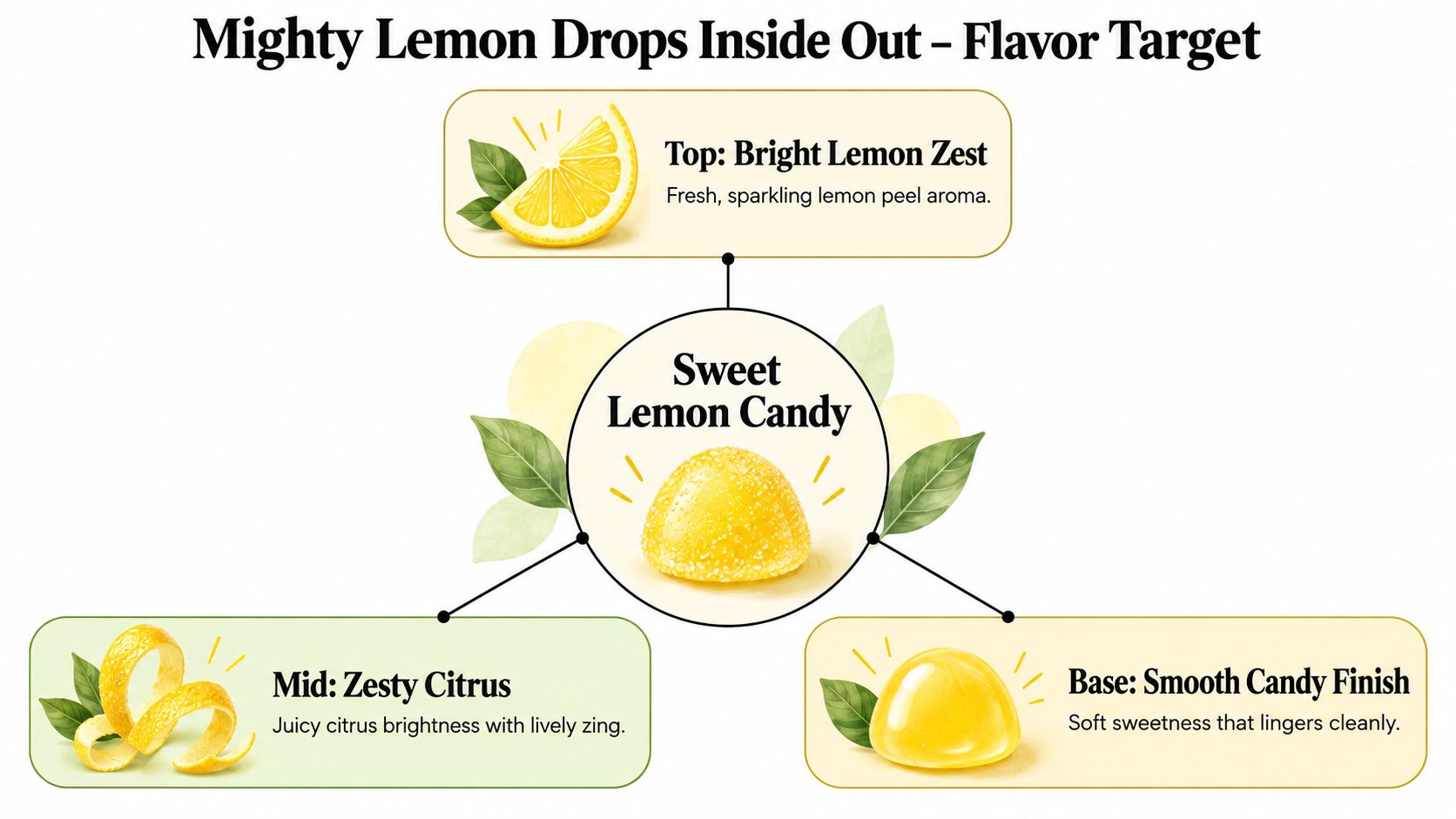 An infographic showing the flavor profile of Mighty Lemon Drops with top, mid, and base tasting notes.