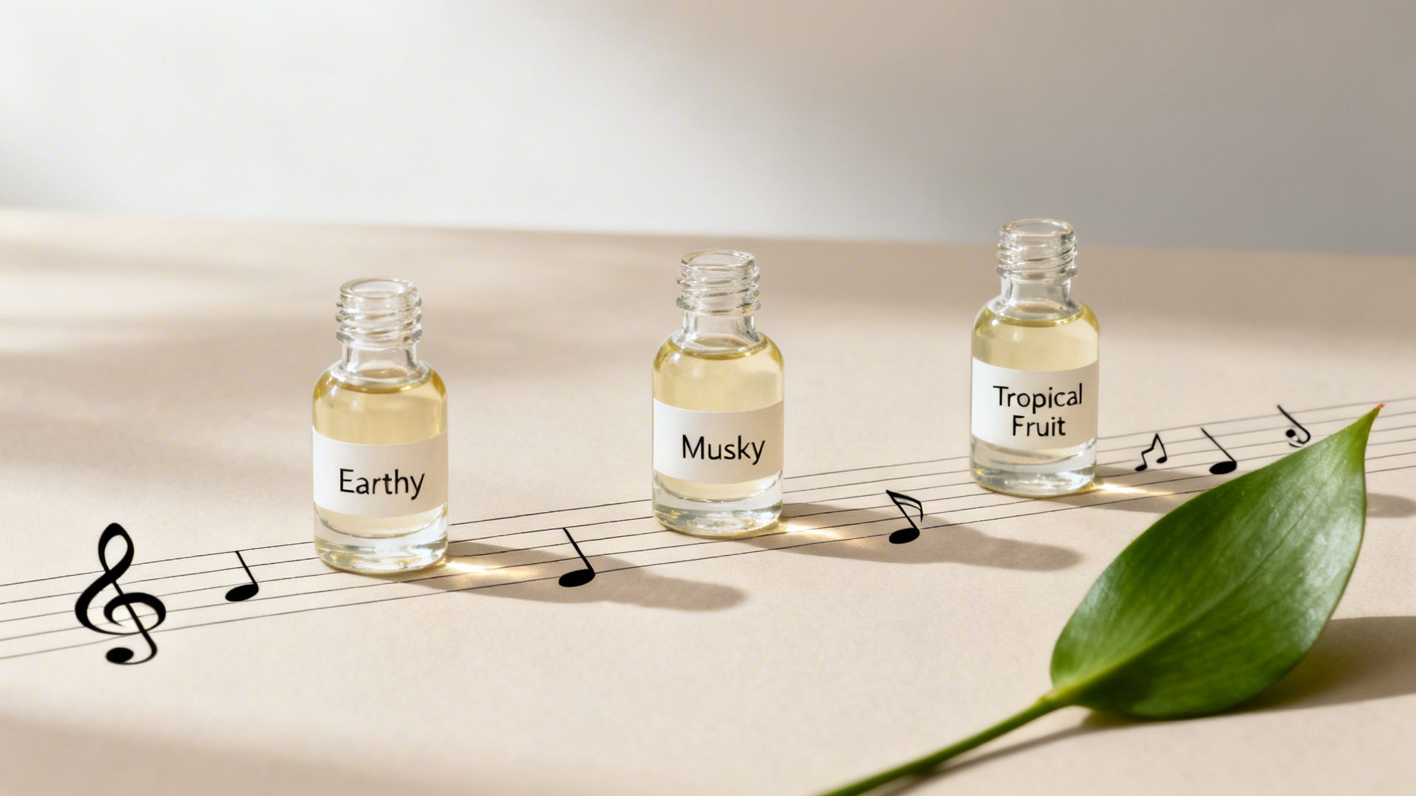 Three small bottles labeled 'Earthy,' 'Musky,' 'Tropical Fruit' on a musical staff with notes and a green leaf.
