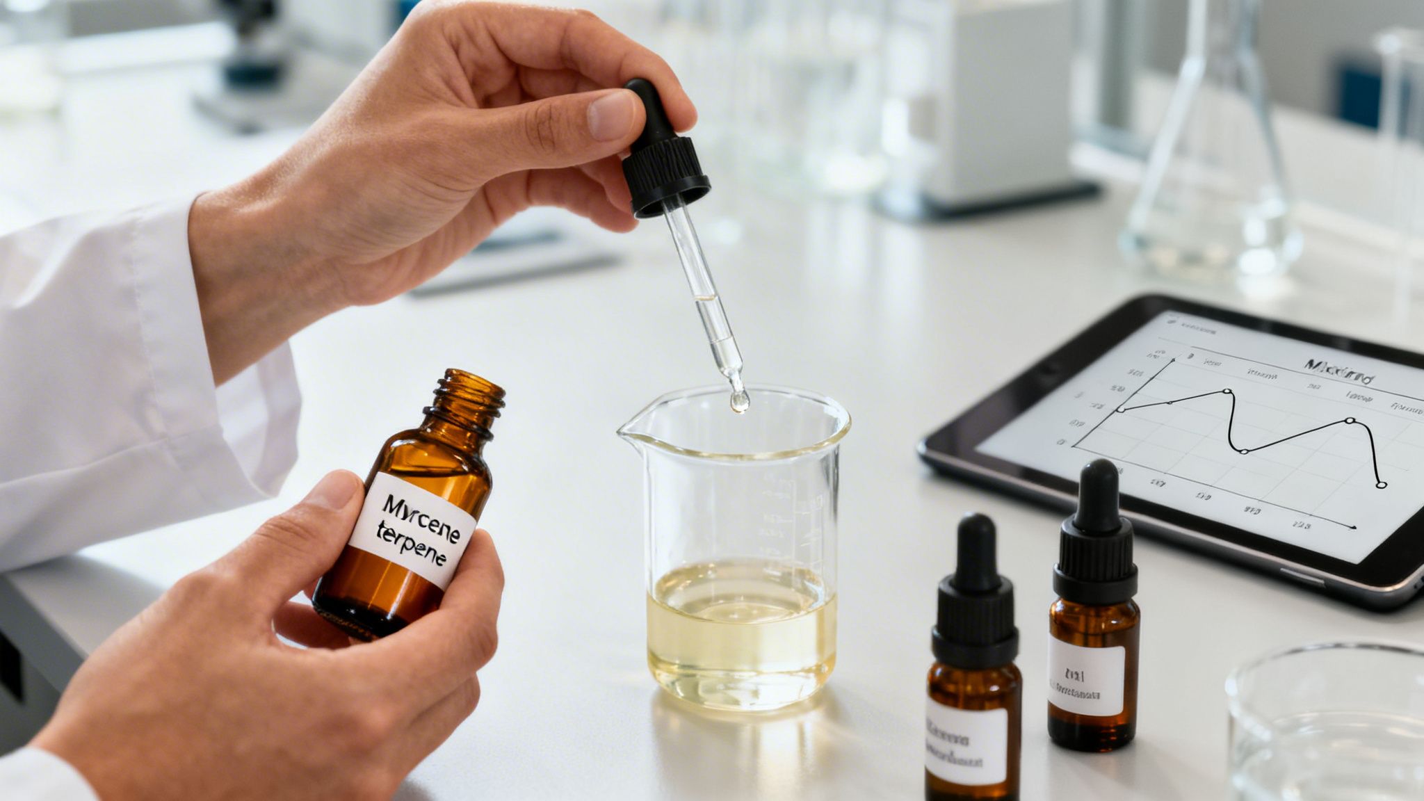 A scientist in a lab coat carefully drops myrcene terpene liquid into a beaker with a dropper.