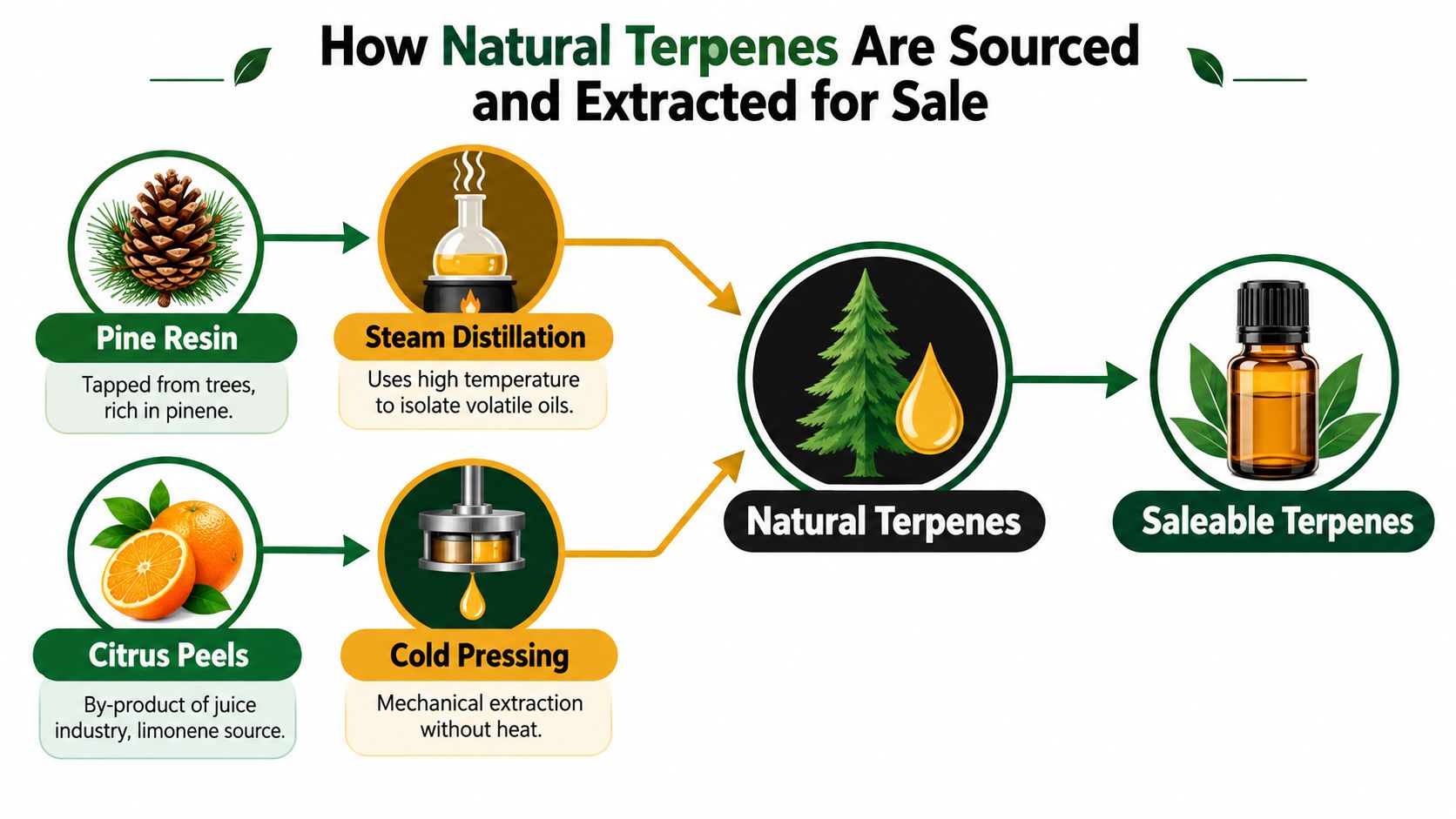 A diagram illustrating how natural terpenes are sourced from pine resin and citrus peels through distillation and pressing.