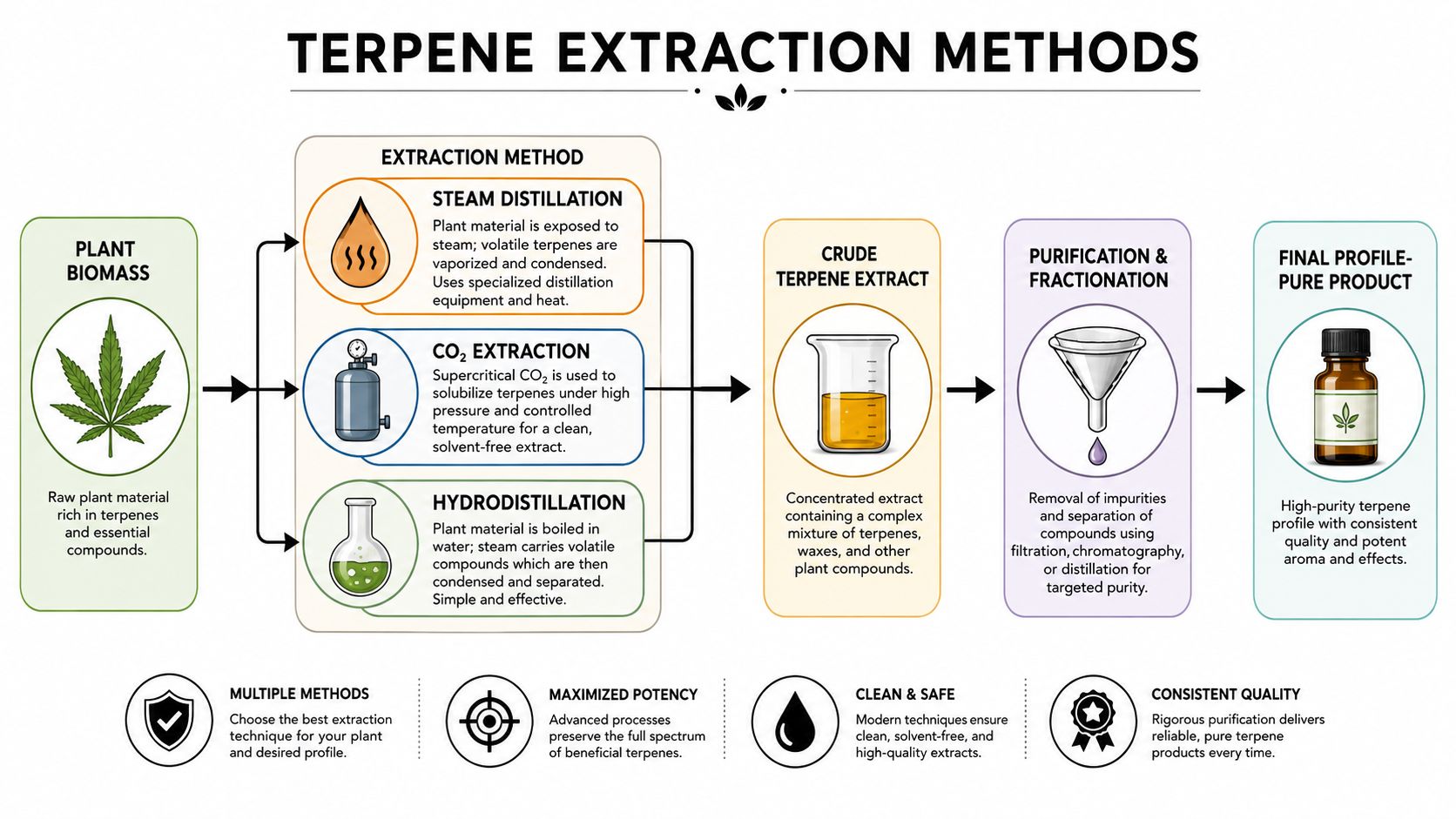 A flowchart infographic illustrating the process of extracting terpenes from plant biomass using various industrial methods.
