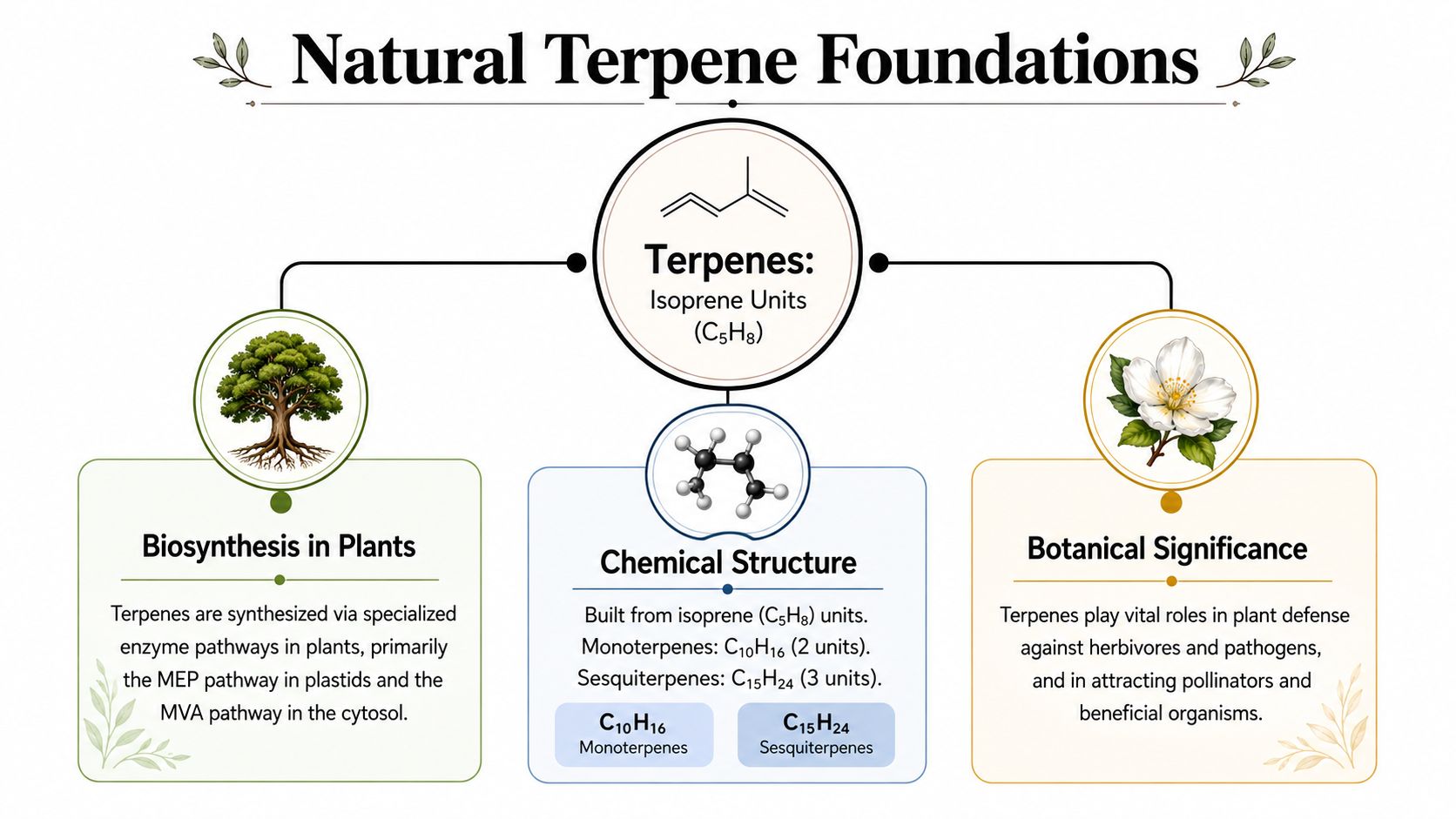 An infographic titled Natural Terpene Foundations explaining their biosynthesis, chemical structure of isoprene units, and botanical significance.