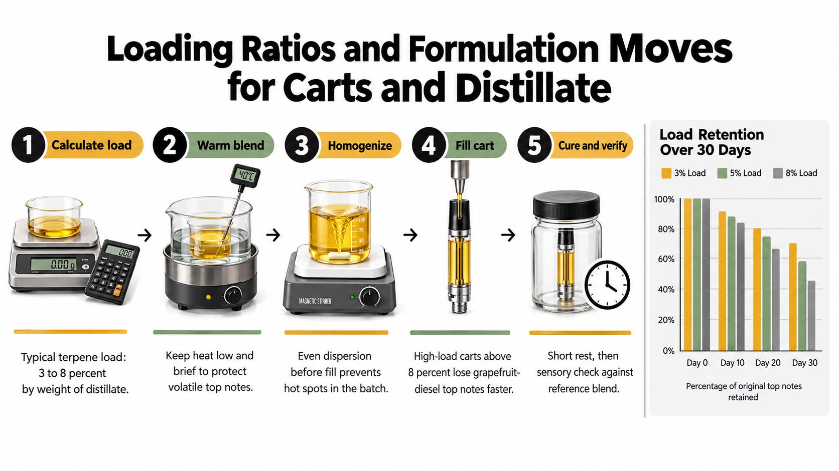 An infographic detailing the five-step process for formulating cannabis distillate vape cartridges with terpene loading ratios.