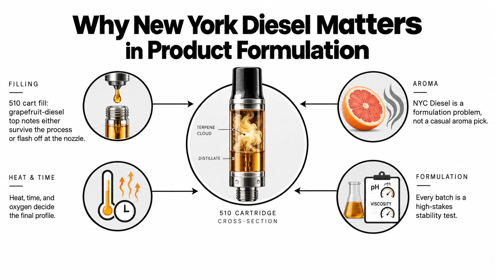 An infographic detailing the technical considerations and manufacturing challenges involved in formulating New York Diesel cannabis vape cartridges.