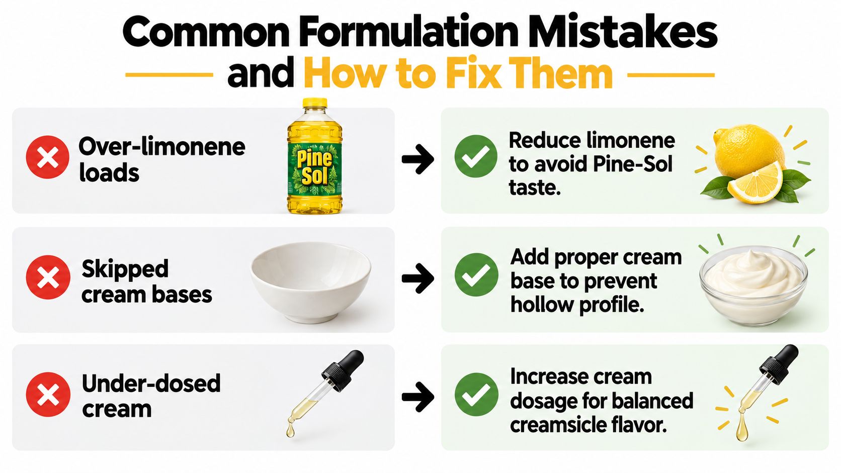 An infographic detailing common flavoring mistakes like excess limonene and insufficient cream, providing solutions for better results.