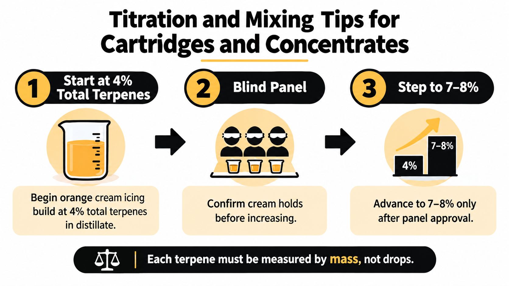 A three-step infographic explaining titration and mixing tips for cannabis cartridges, starting at 4% total terpenes.