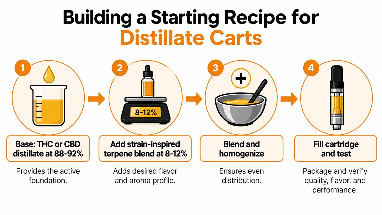 An infographic showing the four-step process for creating cannabis distillate cartridges, starting with base extraction and ending with testing.
