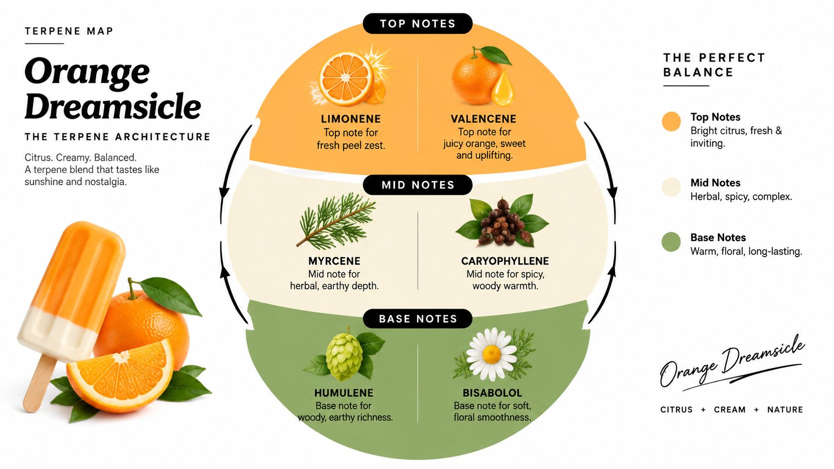 A Terpene Map infographic for the Orange Dreamsicle strain, detailing top, mid, and base note ingredients.