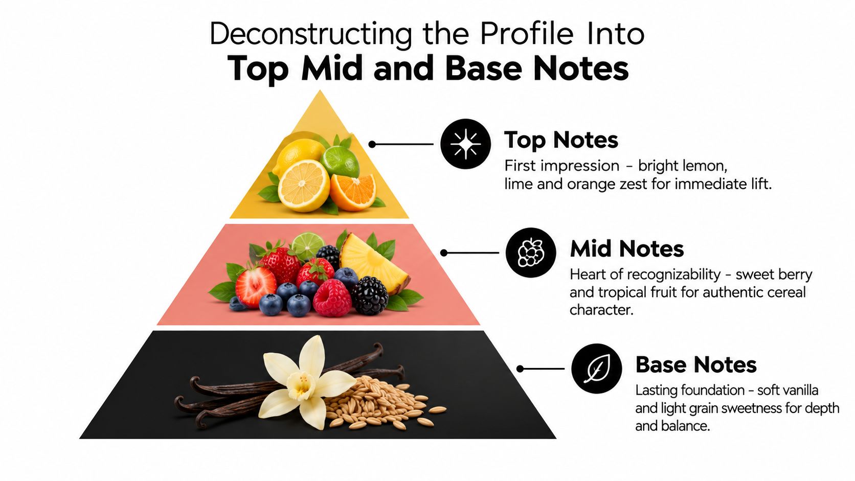A diagram illustrating the flavor profile of cereal with top, mid, and base aromatic notes.