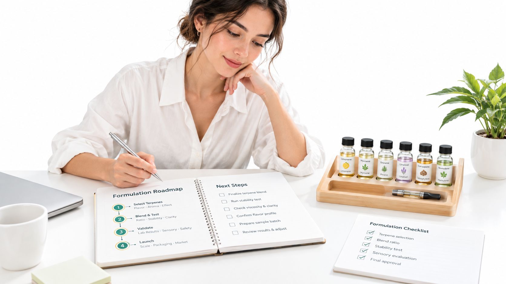 A woman carefully reviewing a formulation roadmap and checklist while working with various essential terpene oils.