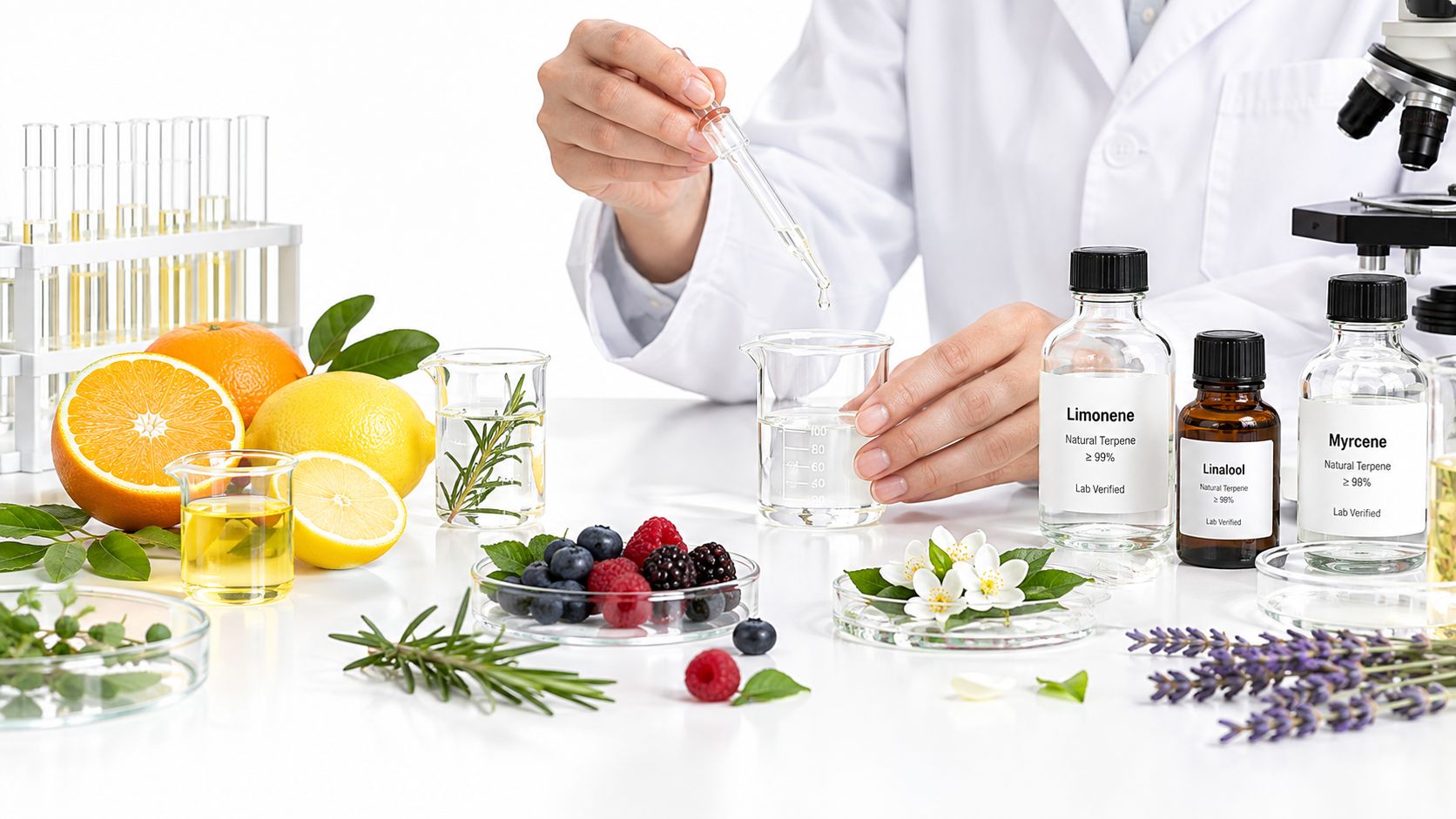 A scientist in a laboratory conducting research with natural fruit, floral extracts, and essential oil chemical samples.