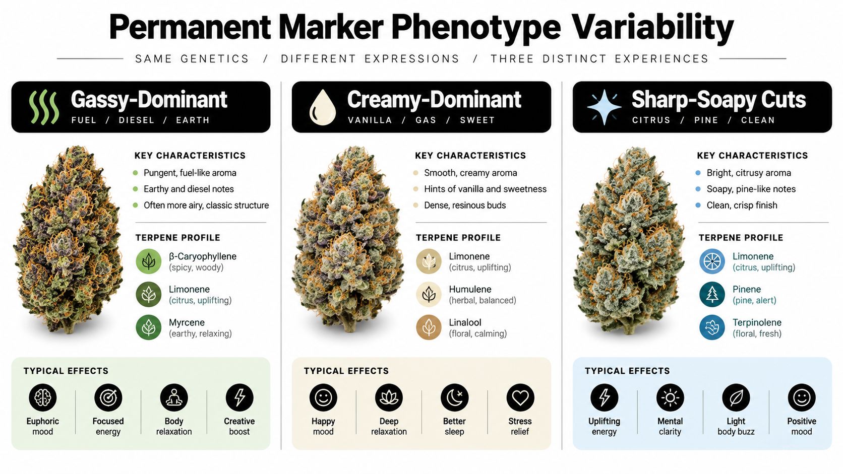 An infographic detailing the three distinct phenotypic variations of the Permanent Marker cannabis strain.