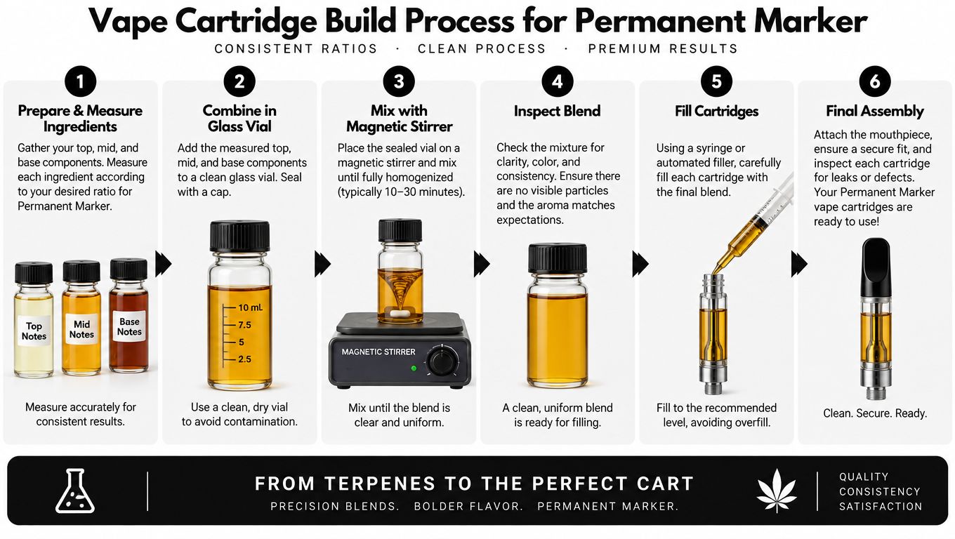 A step-by-step infographic showing the process of creating a Permanent Marker vape cartridge using measured ingredients.