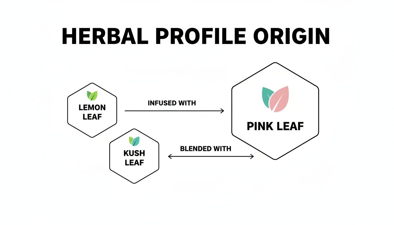 Herbal profile origin diagram: Pink Leaf is infused with Lemon Leaf and blended with Kush Leaf.